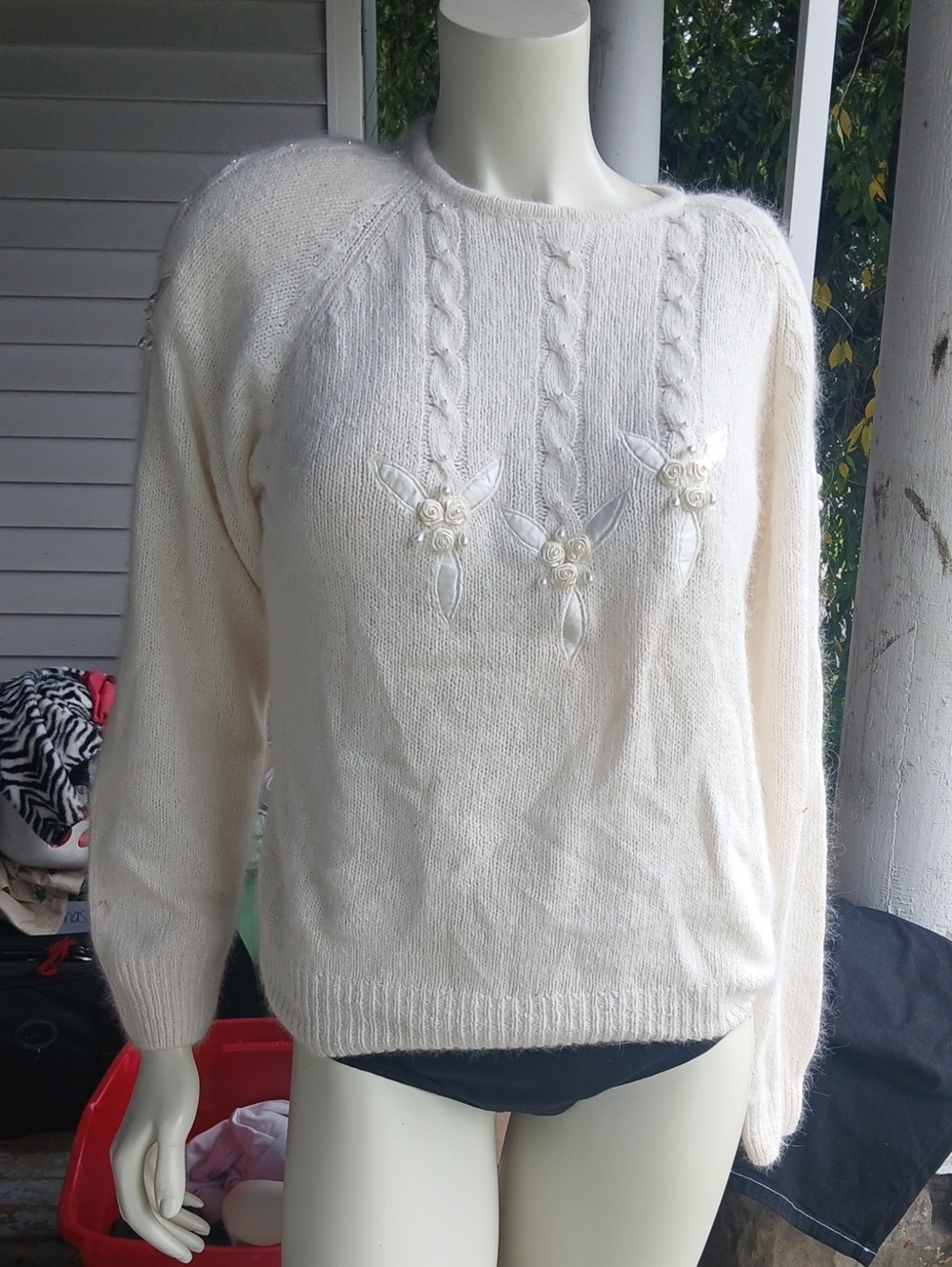 EUC  Gladys Bagley Silk And Angora Blend Ivory Color Rose And Pearl Embellished